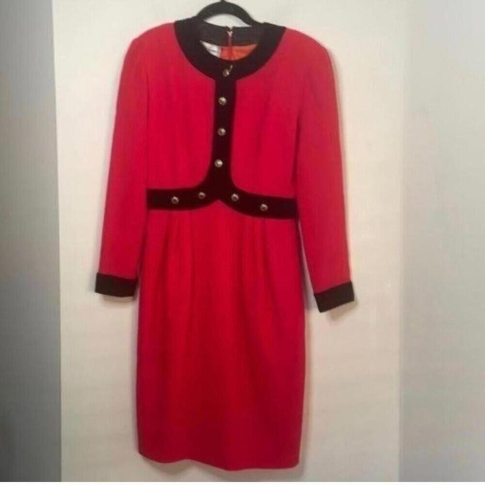 Saks Fifth Avenue Vintage Red Vintage Long Sleeve Dress Black Velvet Trim